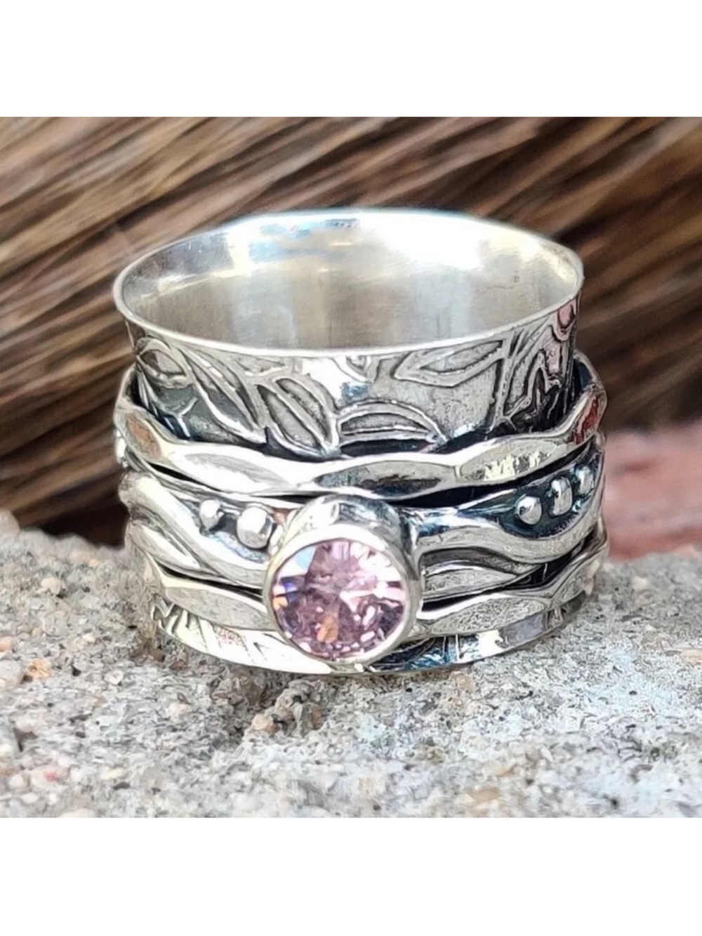 Handcrafted Sterling Silver Spinner Ring with Pink Kunzite Stone